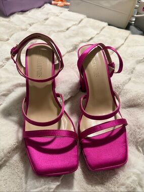 Hot Pink Satin Strappy Block Heels